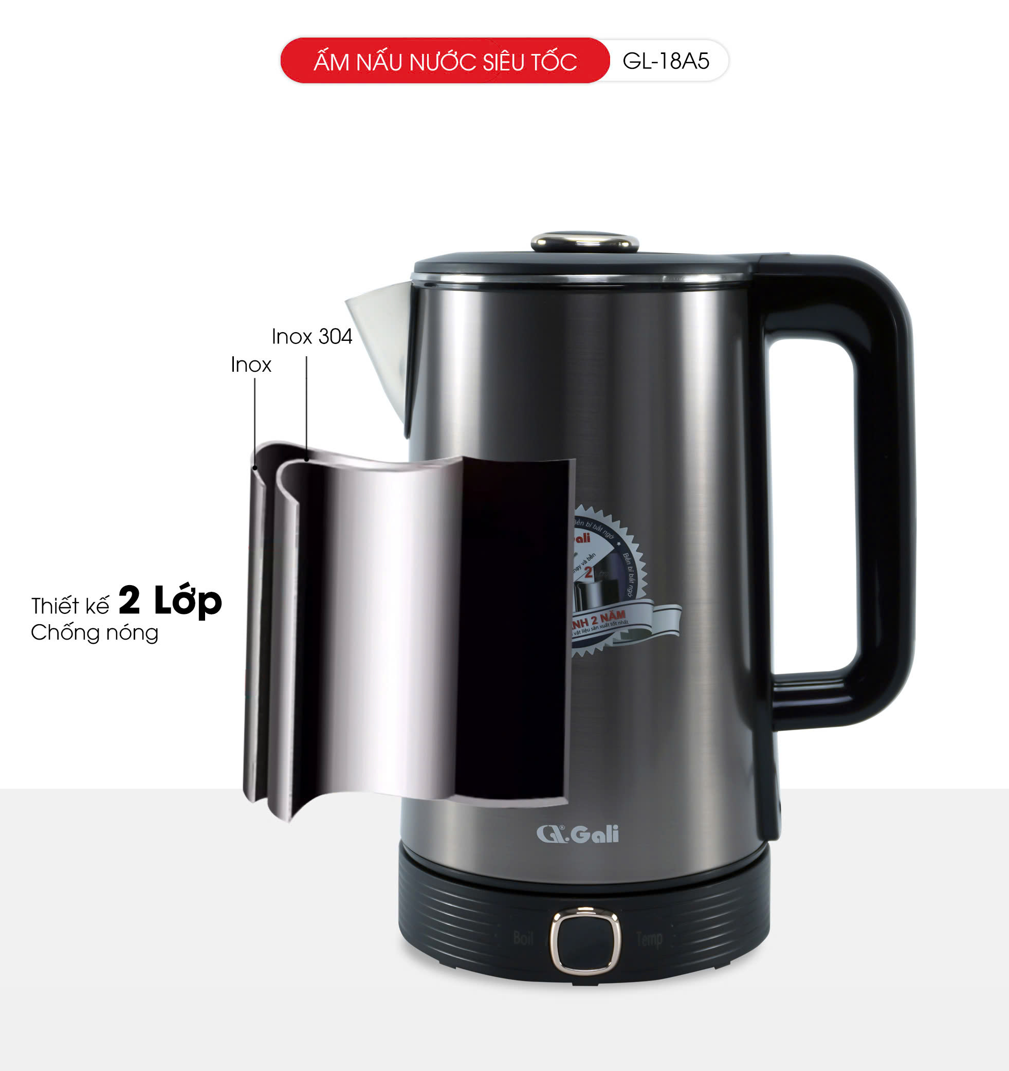 Ấm Siêu Tốc Gali GL-18A5 1.8 Lít. Thiết kế 2 Lớp, chức năng Cảm Ứng Chỉnh Nhiệt Độ. Hàng chính hãng bảo hành 24 tháng