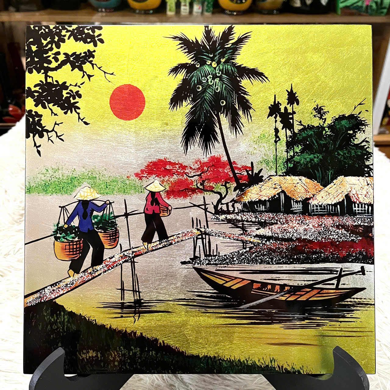 Tranh sơn mài đồng quê vẽ vàng, hàng xuất khẩu 30x30 cm