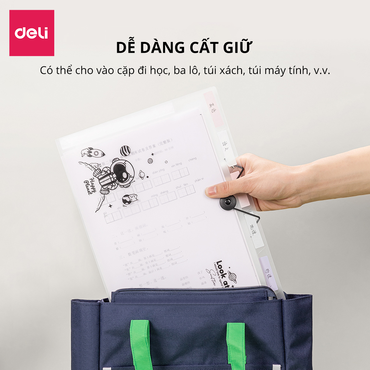 Cặp đựng tài liệu 5 ngăn/8 ngăn trong suốt A4 Deli File Đựng Tài Liệu Hồ Sơ, Túi Hồ Sơ Văn Phòng, File Lưu Trữ Đa Năng Trong Suốt Phi Hành Gia - có Nhãn dán đính kèm