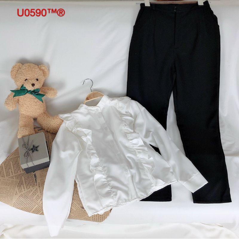 TBL-Set bộ thời trang nữ áo sơ mi trắng dài tay kèm quần suông kate đen phong cách nữ sinh, thời thượng