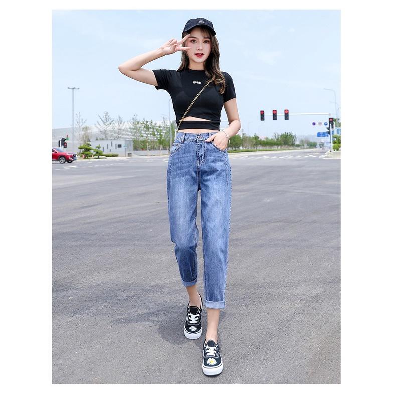 Quần jean dài phom Baggy / boyfriend co dãn mạnh, lưng cao, màu xanh đá hottrend