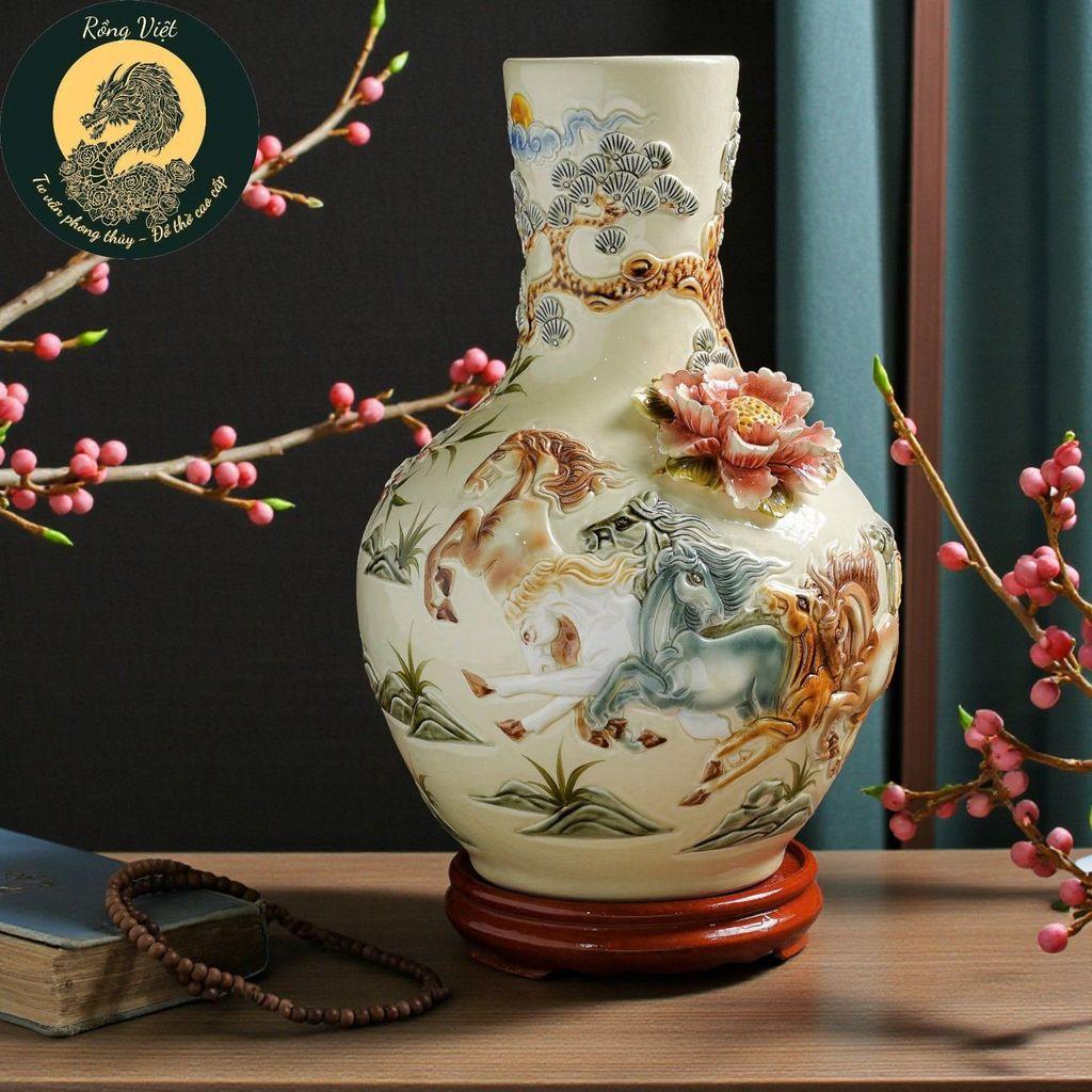 Bình củ tỏi RỒNG VIỆT mã đáo thành công - Bình hút lộc Bát Tràng đắp nổi phúc lộc thịnh vượng