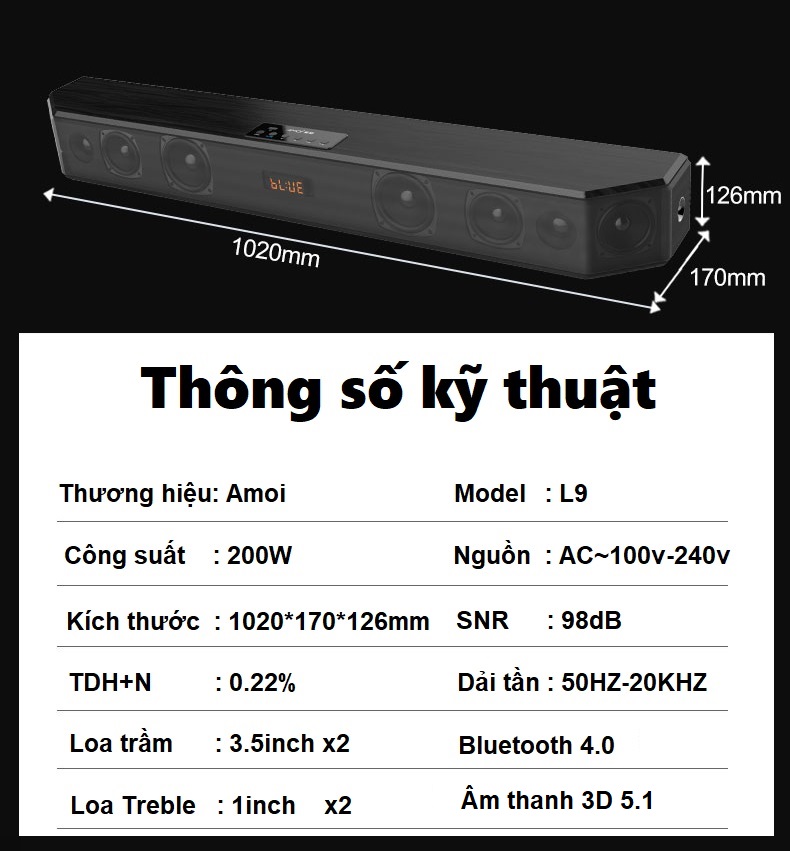 Loa thanh 5.1 nghe nhạc kết nối Bluetooth Amoi L9 Kèm 2 Micro karaoke không dây - Hàng nhập khẩu