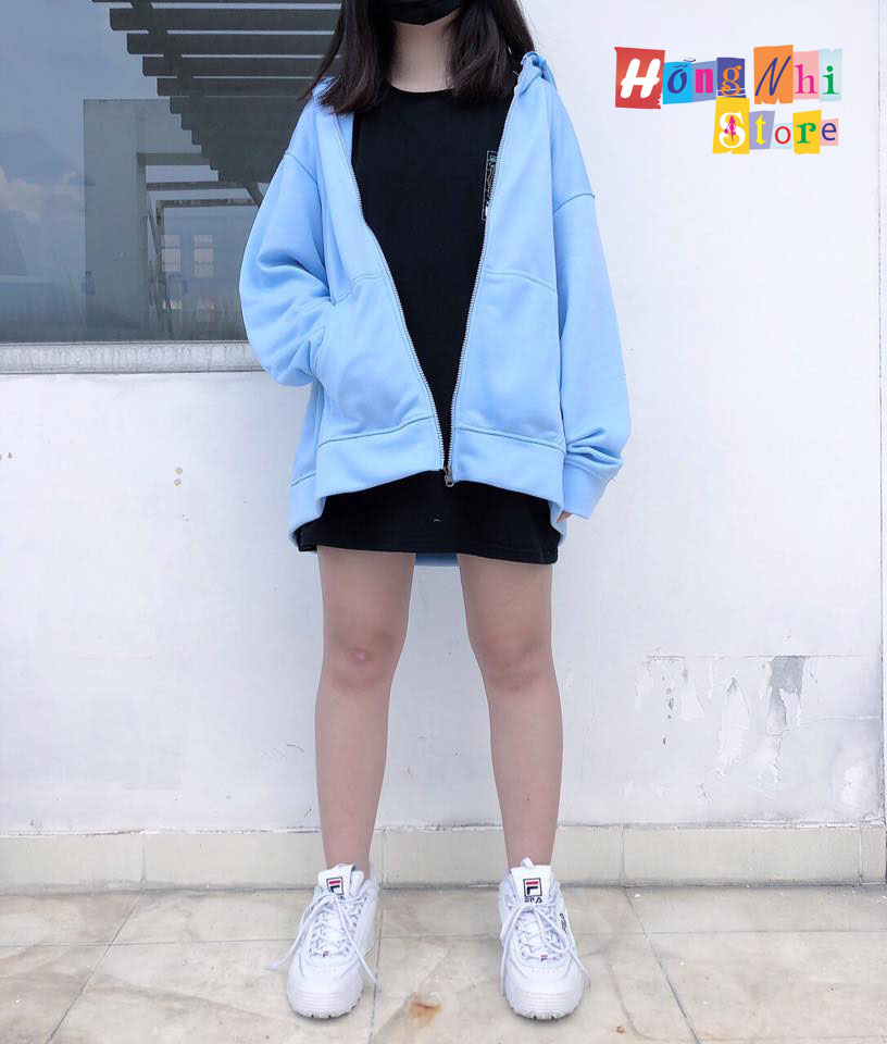 Áo Khoác Hoodie Zip Trơn Oversize Ulzzang Unisex Hoodie Dây Kéo Màu Xanh Dáng Rộng - MM