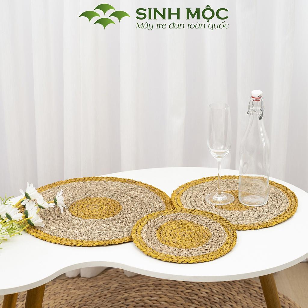 Tấm lót cói tự nhiên pha vàng, lót bàn ăn, lót ly, lót cốc, Decor chụp ảnh, tấm lót Sinh Mộc - M2002