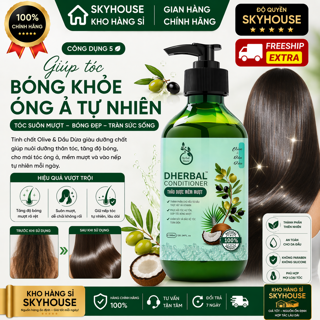 Dầu xả thảo dược thiên nhiên tinh chất olive dầu dừa độc quyền DHERBAL chai 300ml  dầu xả tóc chắc khỏe suôn mượt chính hãng