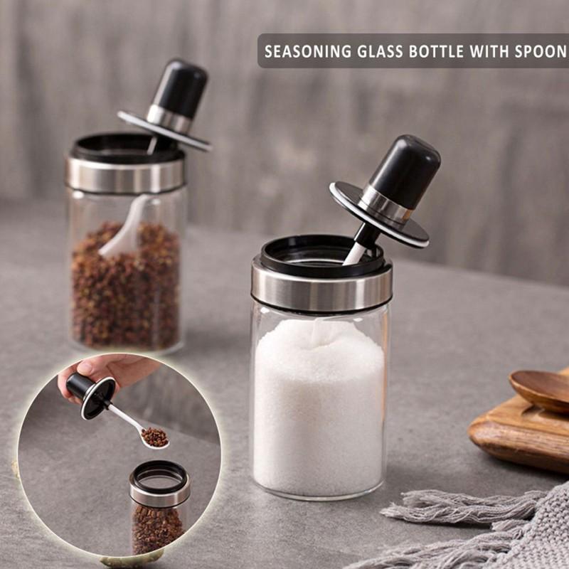 Lọ Đựng Gia Vị, Dầu Ăn, Nước Chấm Bằng Thủy Tinh Trong Suốt Kèm Muỗng Tiện Lợi - Miễn Phí Vận Chuyển
