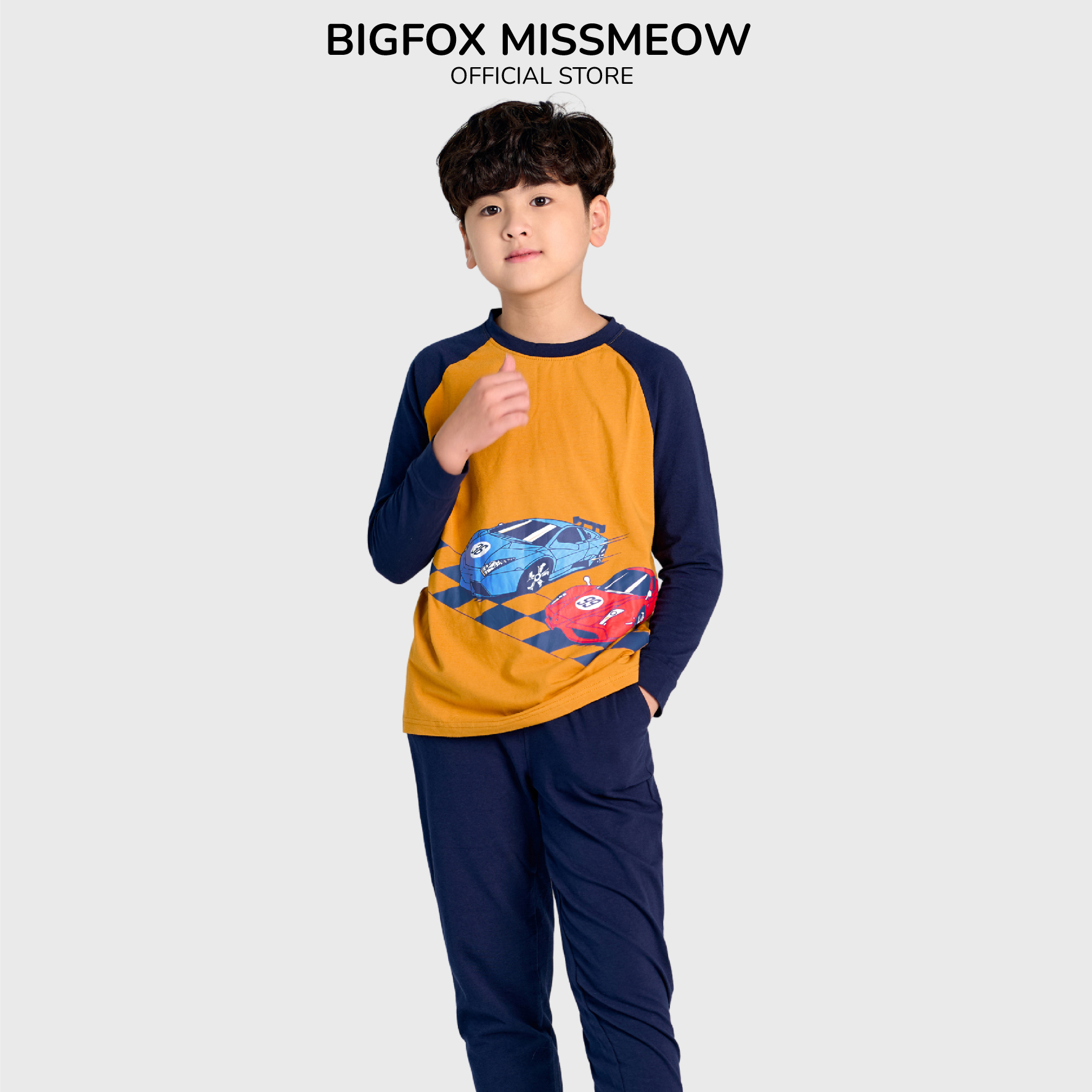Bộ thu đông bé trai Bigfox Miss Meow size đại, bộ dài tay cho bé chất cotton dày in ô tô đua size trẻ em 3,4,5…11 tuổi