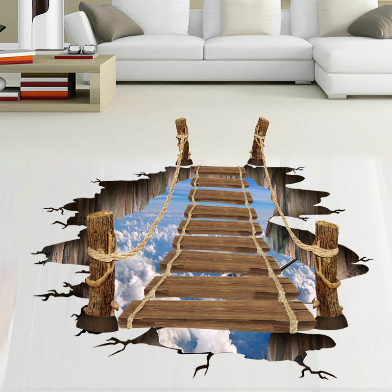 Tranh decal dán tường 3D, giấy dán tường 3D trang trí phòng khách "Cầu gỗ lên trời"
