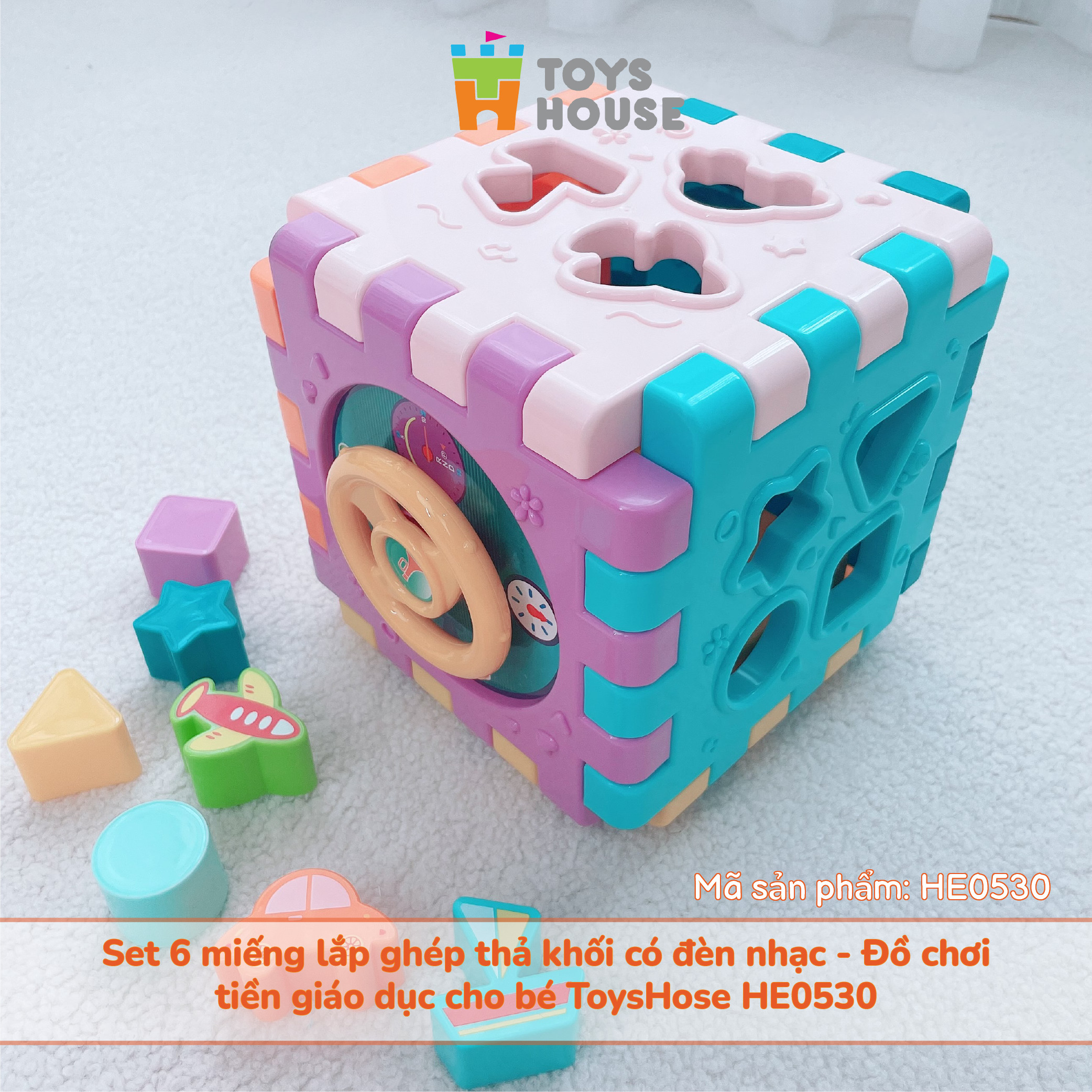 Set 6 miếng lắp ghép thả khối có đèn nhạc - Đồ chơi tiền giáo dục cho bé ToysHouse HE0530