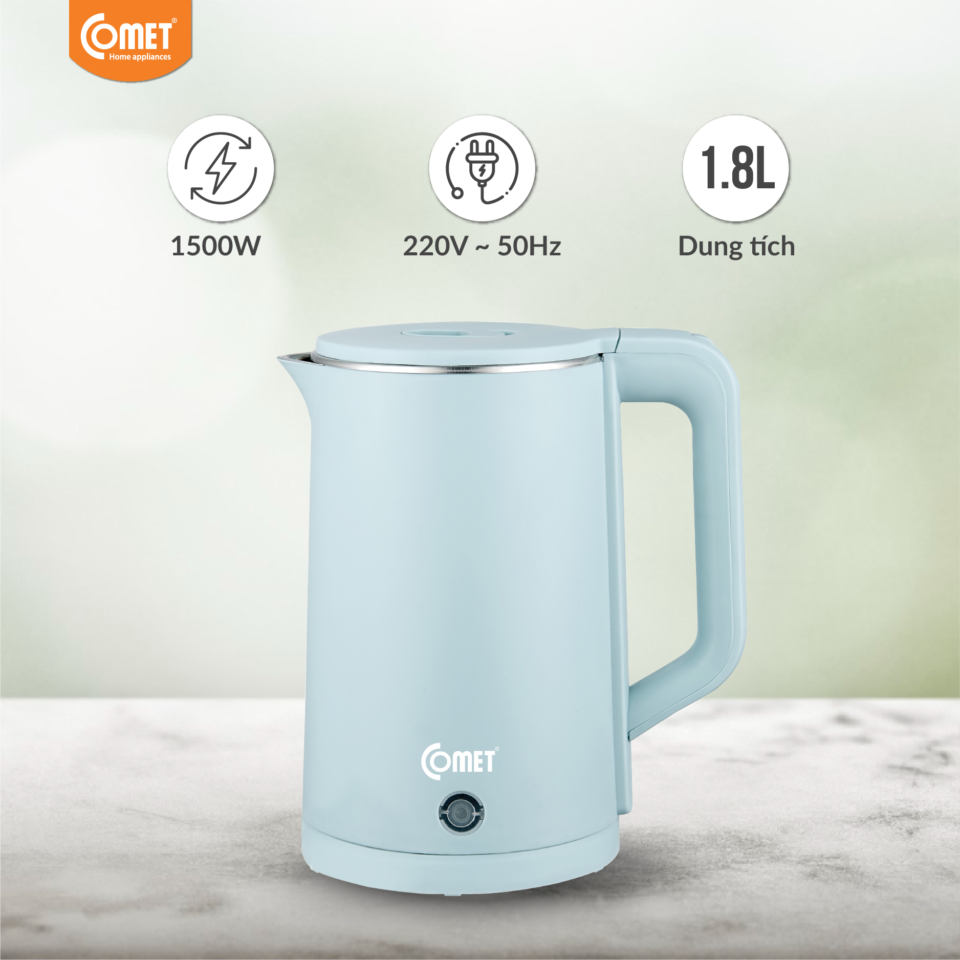Bình đun siêu tốc 2 lớp Comet CM8226 – Hàng chính hãng -  Dung tích 1.8L, công suất 1500W, chống bỏng, tự ngắt an toàn