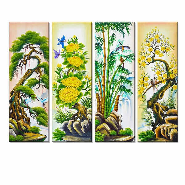 Bộ 4 Tranh Canvas Không Viền Treo Tường Tứ Quý: Tùng - Cúc - Trúc - Mai W288