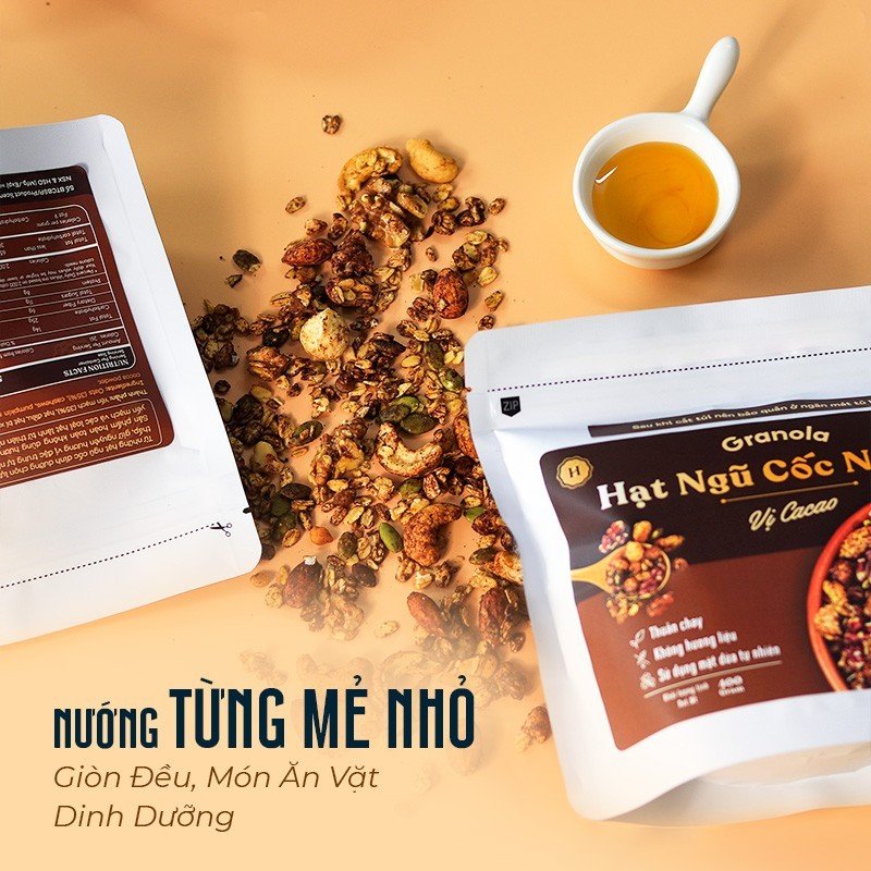Granola nướng giòn tan - Vị Cacao túi 400g - Dùng mật dừa nước, 0 trái cây sấy, GI thấp - Hạt ngũ cốc giảm cân - HeydayCacao