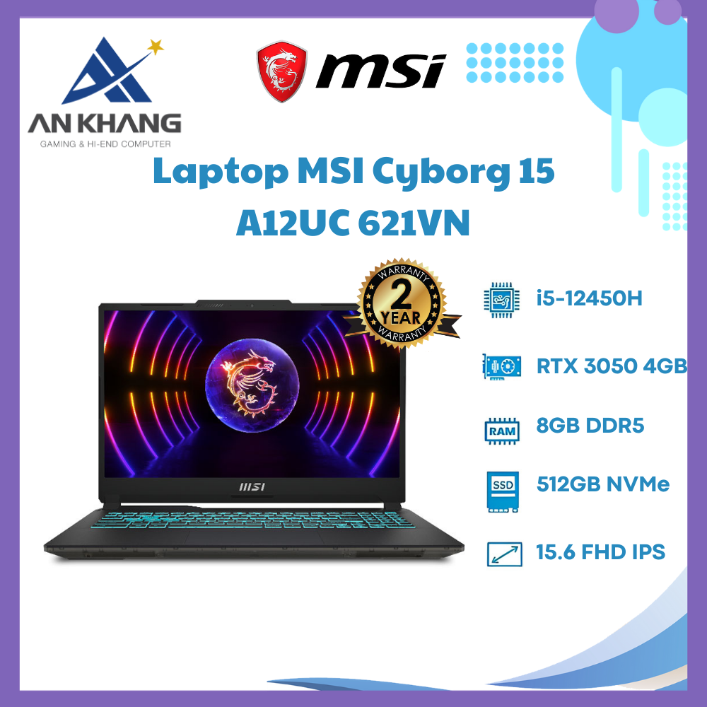 Laptop MSI Cyborg 15 A12UC 621VN (Intel Core i5-12450H | 8GB | 512GB | RTX 3050 | 15.6 inch FHD | Win 11| Đen) - Hàng Chính Hãng - Bảo Hành 24 Tháng