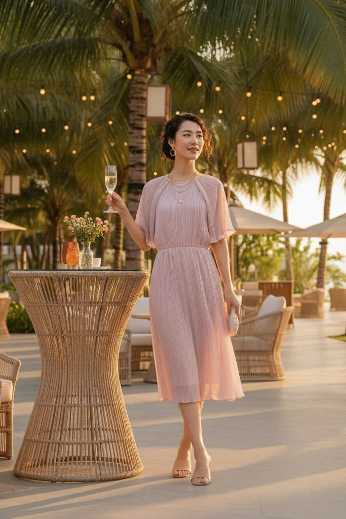 Đầm Xoè Dập Ly Hồng Pastel thời trang thiết kế Hity DRE194