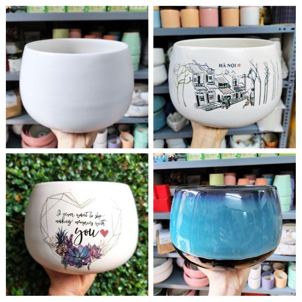 Chậu sứ tròn hình hạt dẻ to S1, có đĩa hứng, size to hình siêu đẹp, trồng cây phong thủy, cây để bàn, sen đá xương rồng