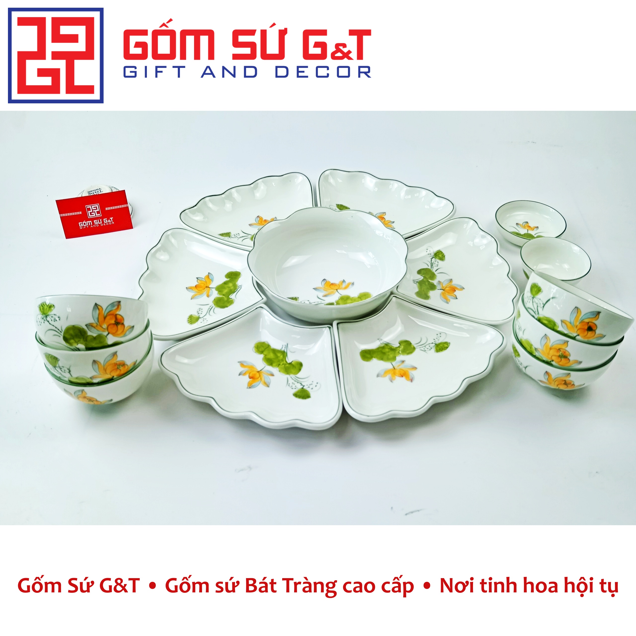 Bộ đồ ăn mặt trời men kem vẽ sen vàng Gốm Sứ G&T