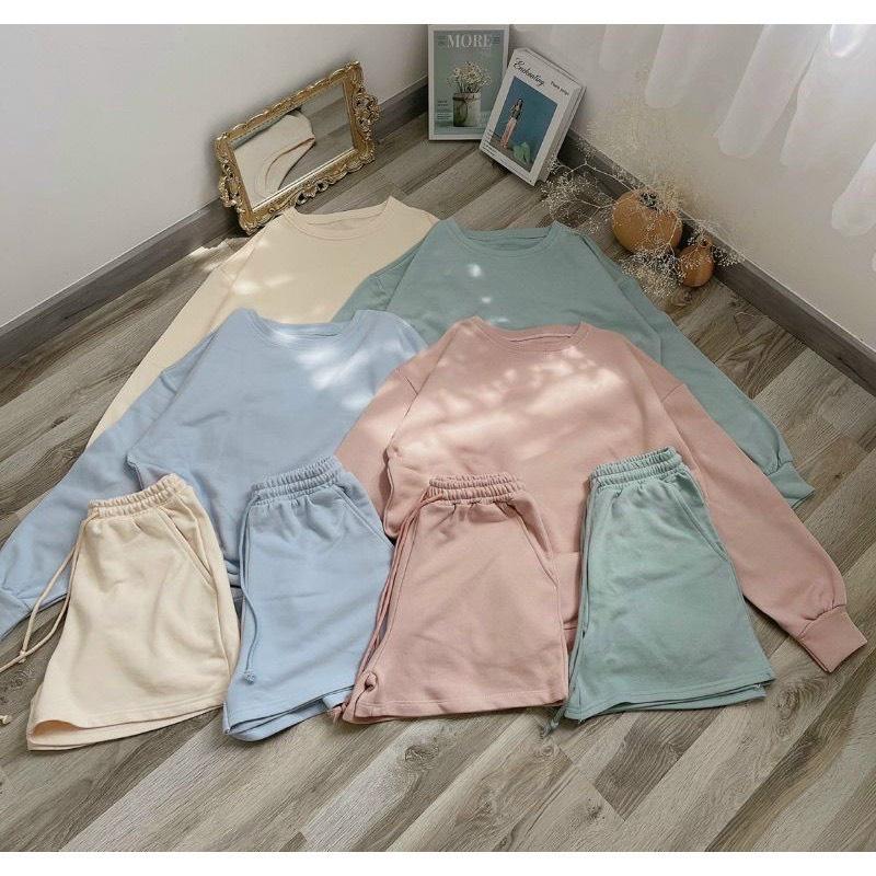 Set Bộ Nỉ Áo Sweater Kèm Quần Đùi Set Bộ Nỉ Ngoại Tay Phồng Form Rộng Phong Cách Ulzzang OTHOW
