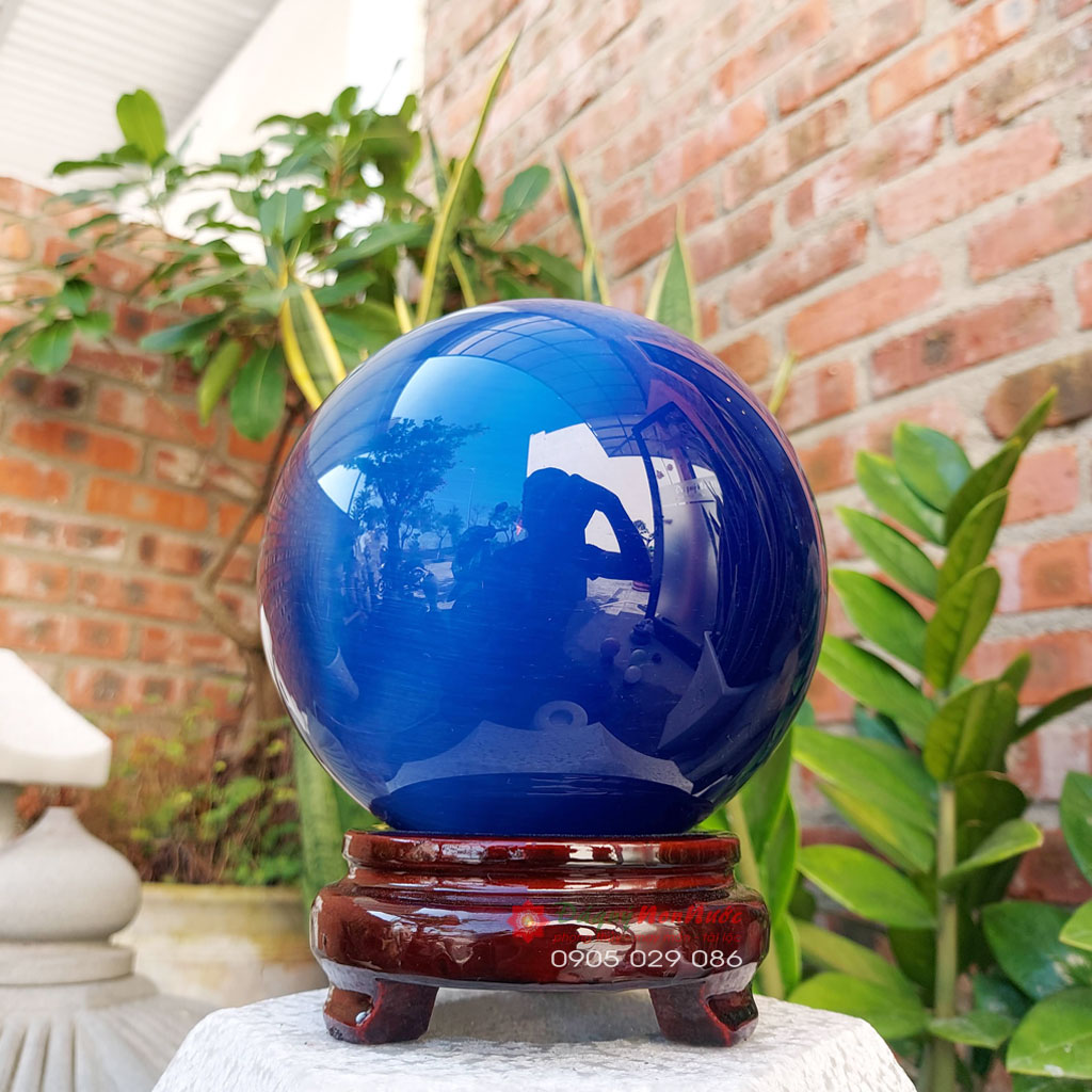 Quả cầu phong thủy năng lượng đá mắt mèo xanh dương 12cm