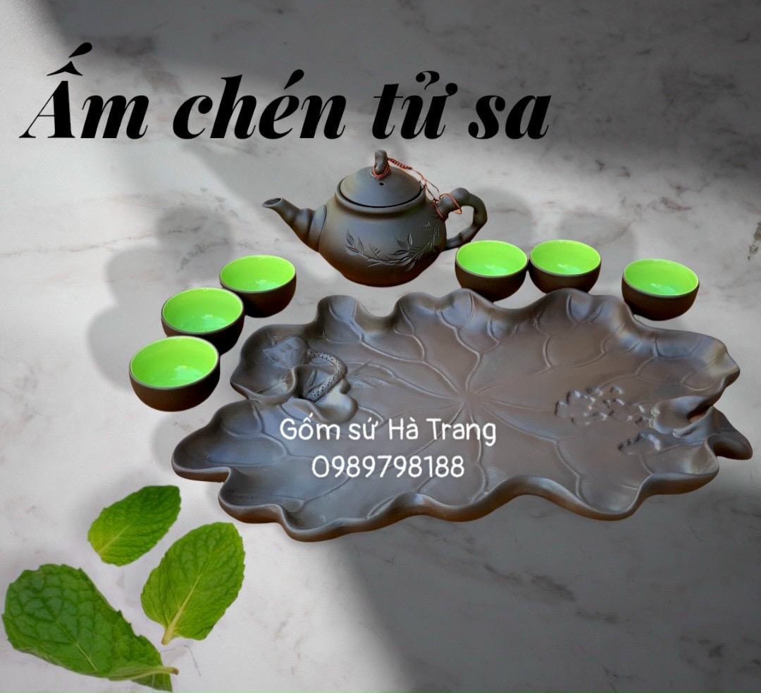 Bộ trà gốm tử sa Bát Tràng cao cấp  Ấm khắc trúc khay sen