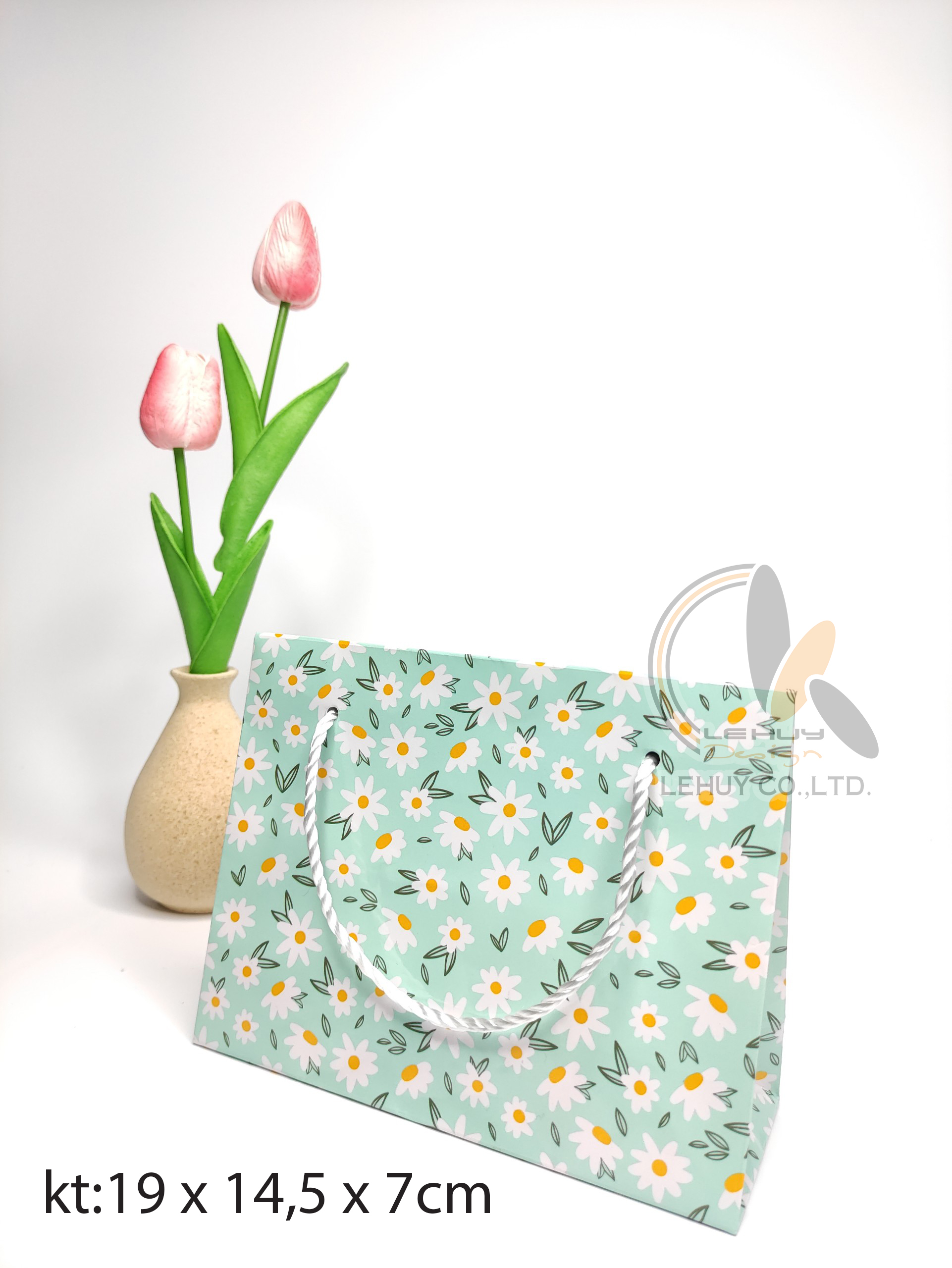 TÚI GIẤY ĐẸP HOẠ TIẾT HOA XANH TRẮNG KT 19X14.5X7 CM