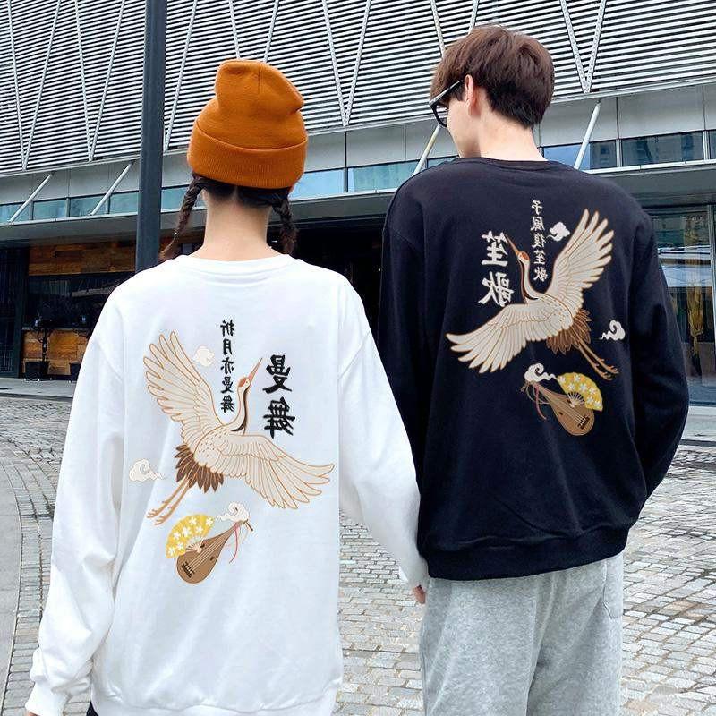 Áo nỉ thu đông nam nữ in hình chim hạc form rộng phong cách Nhật Bản vải mềm mại