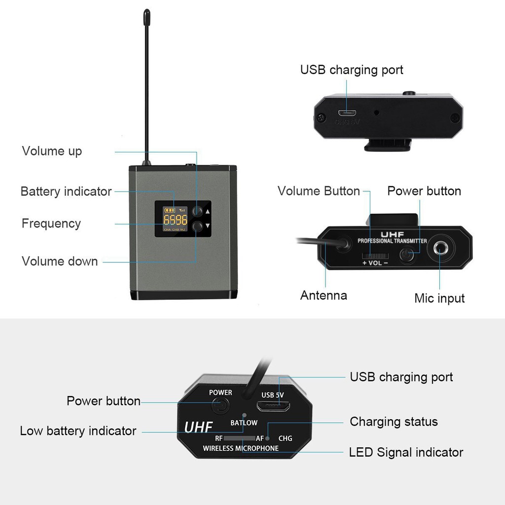 Micro cài áo không dây, micro quàng đầu không dây UHF dùng pin sạc