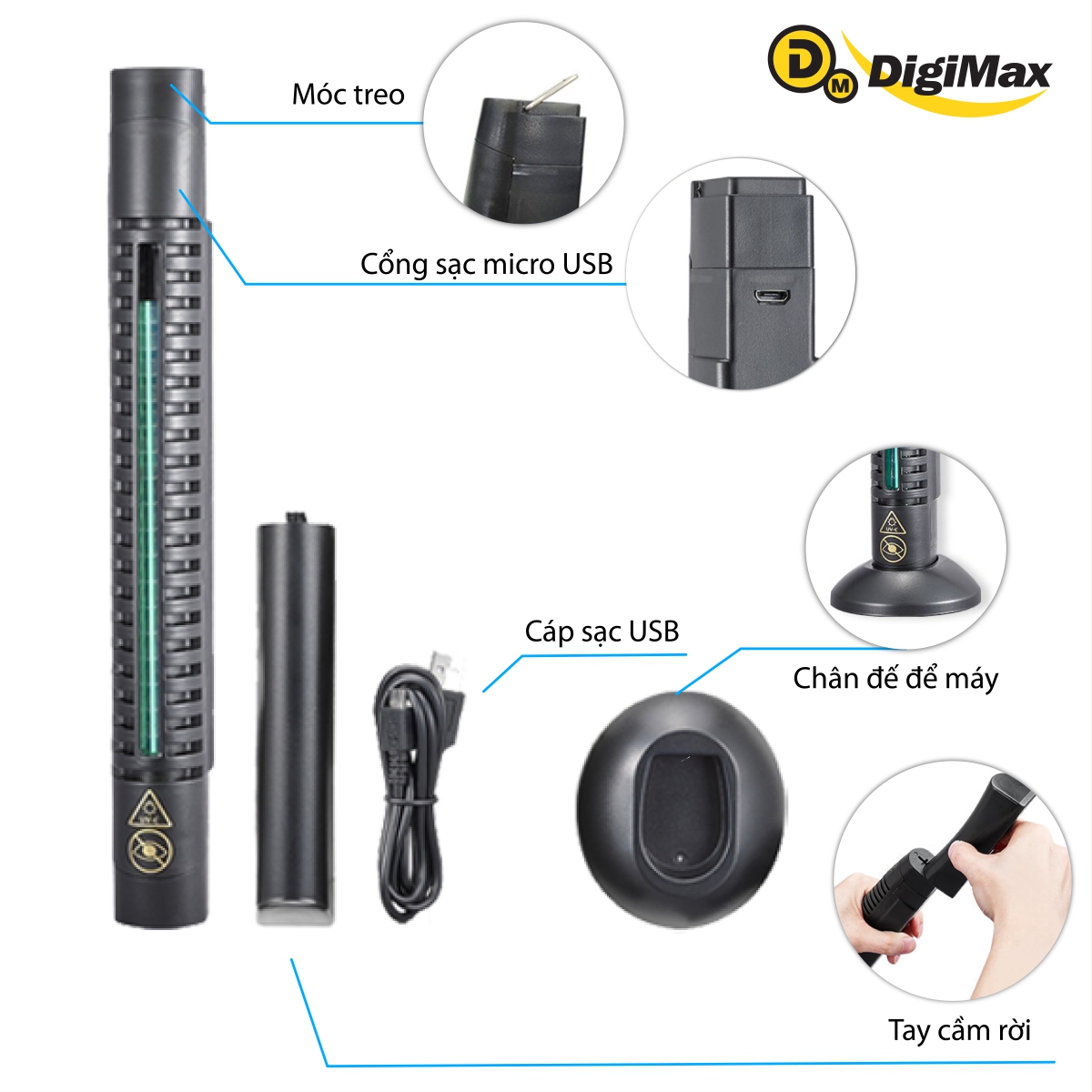 Máy diệt khuẩn Digimax UV-C thiết kế cầm tay. Pin sạc USB 5V