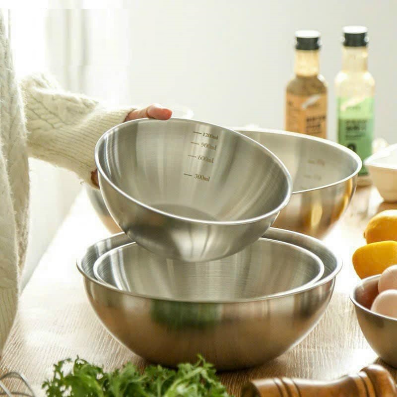 Combo 3 bát to bằng inox sâu lòng có chia vạch bên trong tiện ích chuyên dùng để trộn salad, đánh trứng trộn bột làm bánh, đựng cơm canh đa năng