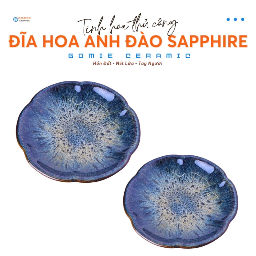 Đĩa hoa anh đào men cẩm lai Sapphire hỏa biến Gomie Ceramic Bát Tràng, men hỏa biến cao cấp, an toàn sức khỏe