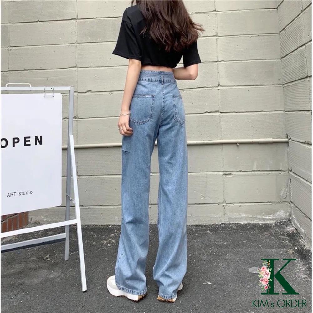 Quần jean nữ màu xanh nhạt rách ống suông dài rộng đứng lưng cao chất co dãn nhẹ loại 1 dày dặn phong cách Ulzzang