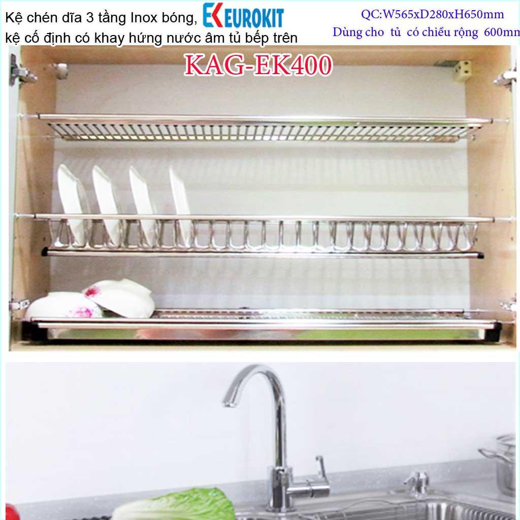 Kệ chén dĩa 3 tầng âm tủ chữ V KAG-EK400-60cm, kệ chén âm tủ Eurokit 60cm Inox bóng cao cấp