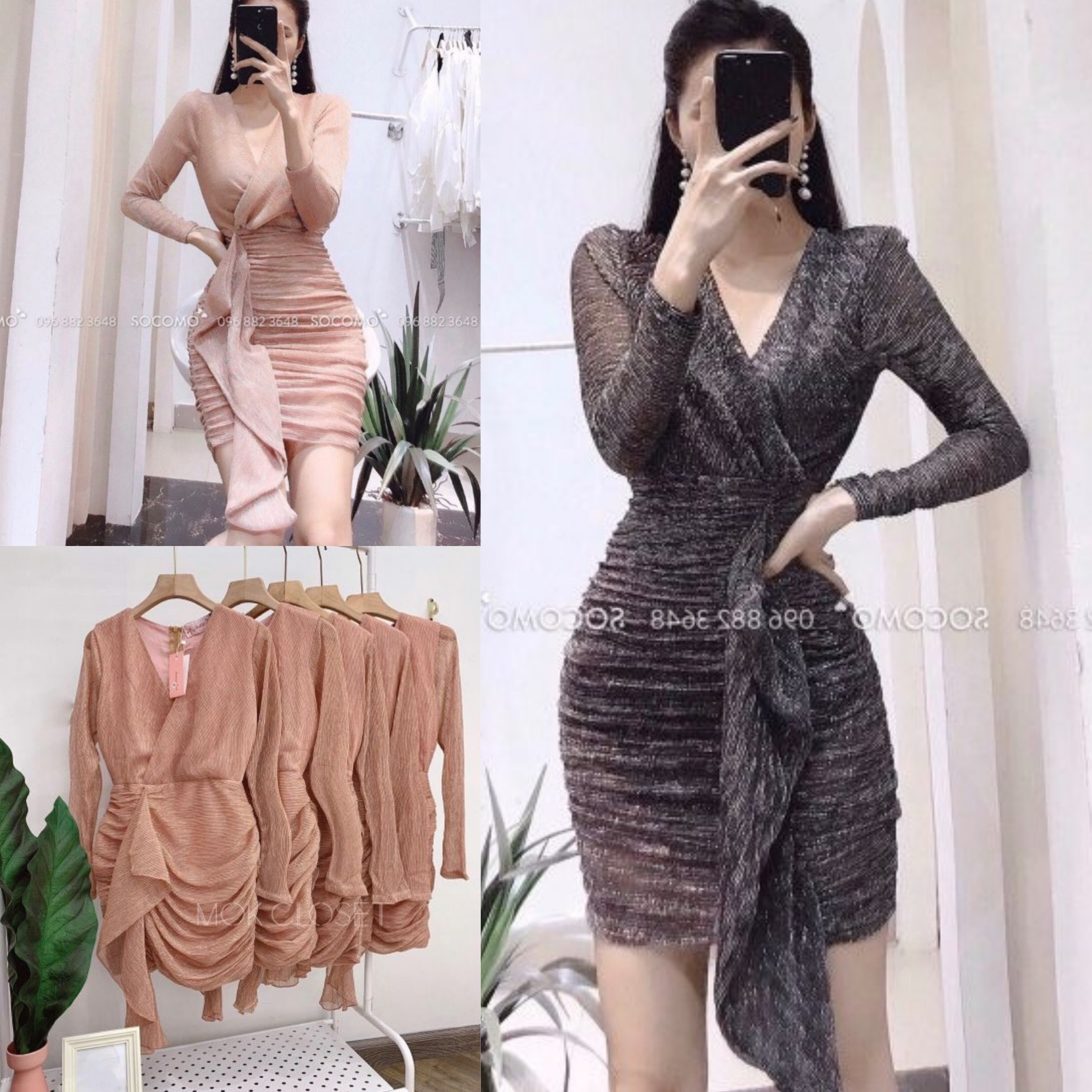 Đầm Body Kim Tuyến cổ V đắp chéo eo phối bèo Hàng Thiết Kế