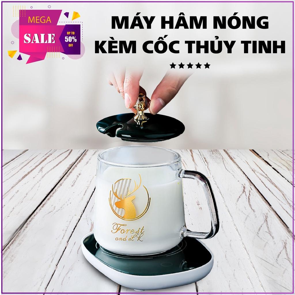 Cốc hâm nóng cao cấp bằng sứ kèm đế điện Ly thủy tinh nắp nhựa tặng kèm thìa mạ vàng sang trọng