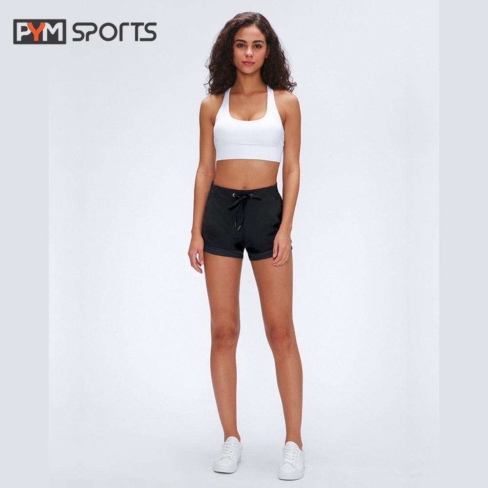 Quần short ngắn tập Yoga - Gym PYMSPORT - PYMQT011, 1 lớp,màu trơn cạp chun có dây rút - 4 màu đen, tím, xanh, ghi đen