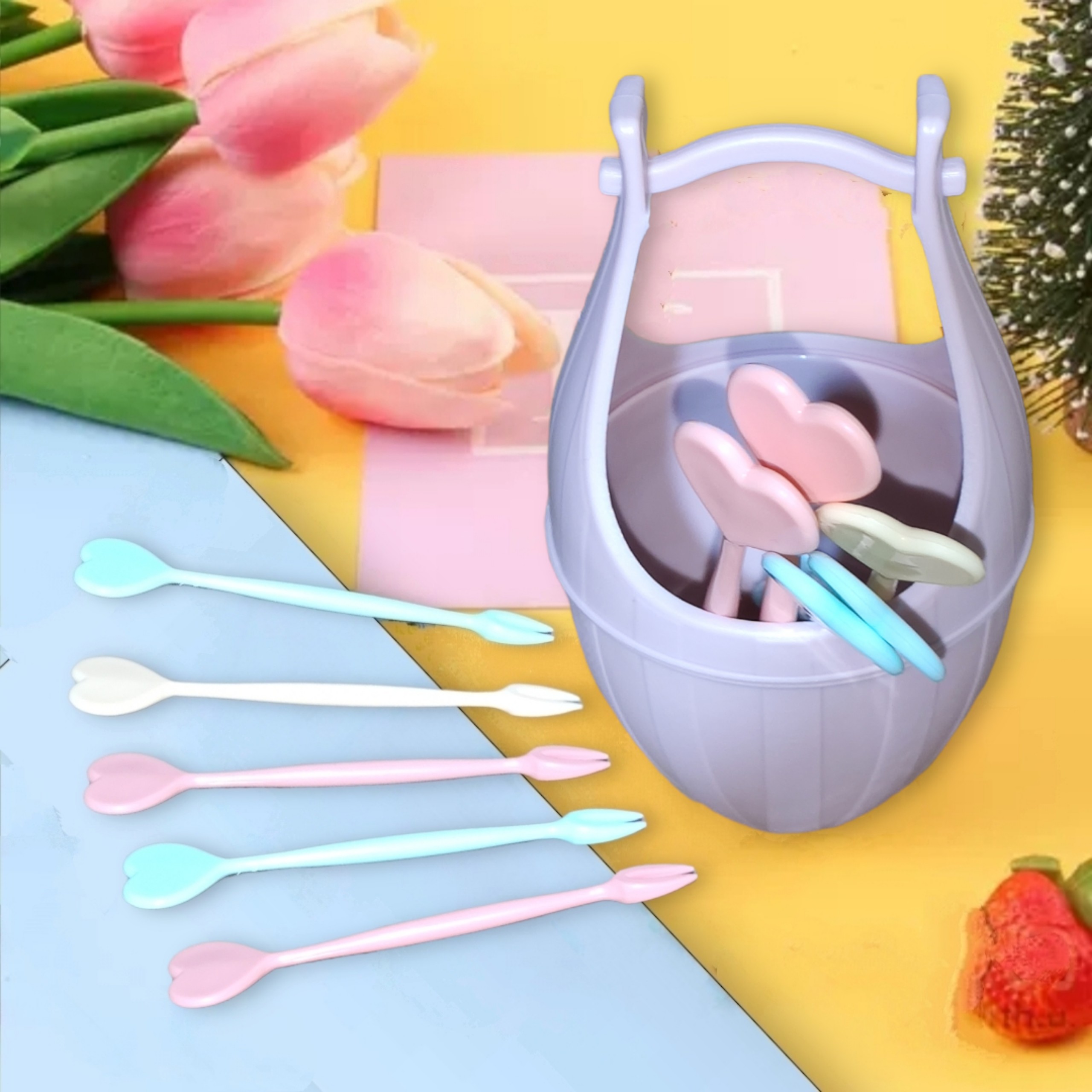 Bộ giỏ 10 Dĩa Cao Cấp ăn Hoa Quả Tráng miệng tiện lợi - Nĩa ăn hoa quả trái cây