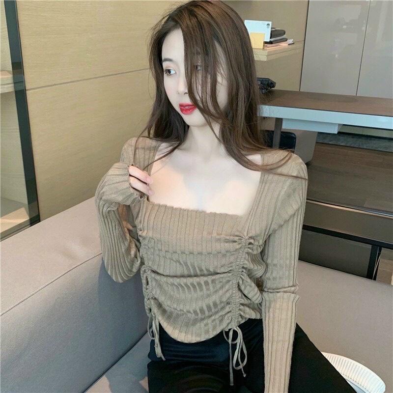Áo gân cổ vuông kiểu tay dài thắt dây rút-MA040