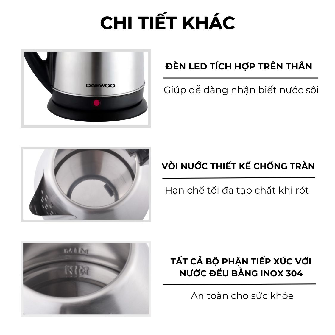 Ấm siêu tốc inox 304 cao cấp đảm bảo an toàn 1.8L Daewoo DWK-S1805 đế xoay 360 độ - Hàng chính hãng BH 2 năm - Hàng chính hãng