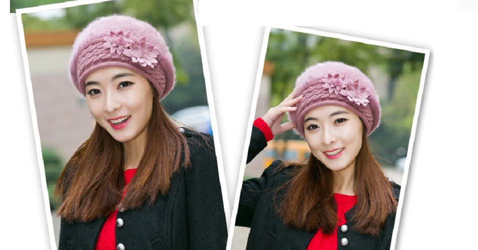 Mũ len nữ gắn hoa đôi phong cách Hàn mới, nón nồi len lông thỏ cao cấp