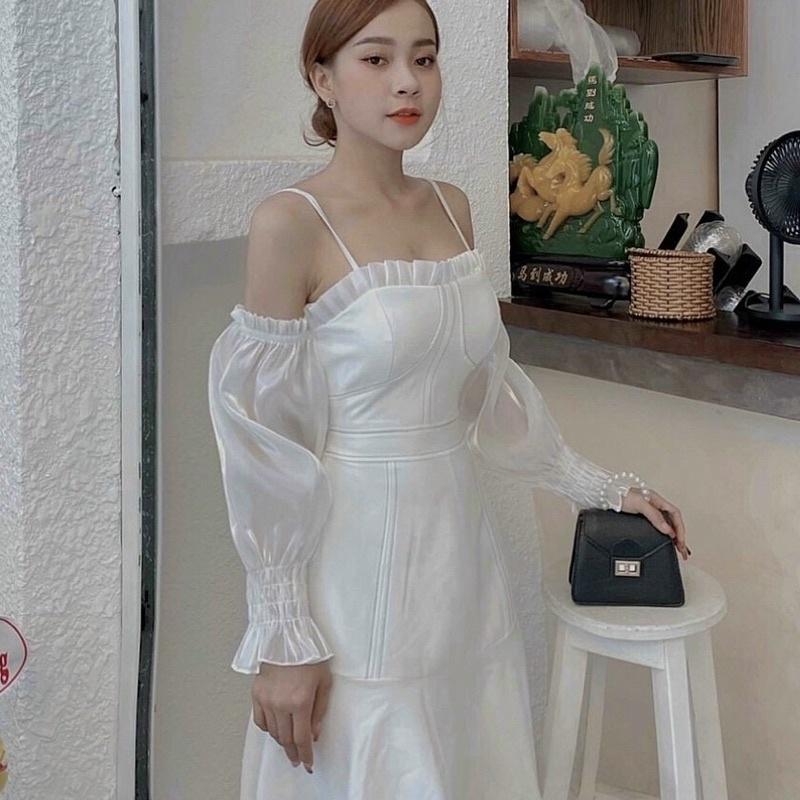 Đầm Rớt Vai Tay Kiếng Váy Cup Ngực Tay Dài Siêu Xinhh