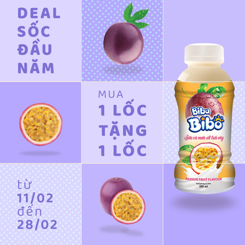 [Lốc (06) chai 350ml] Bibabibo Sữa Chanh Dây (Chanh Leo), sữa trái cây, tốt cho miễn dịch, tiêu hóa