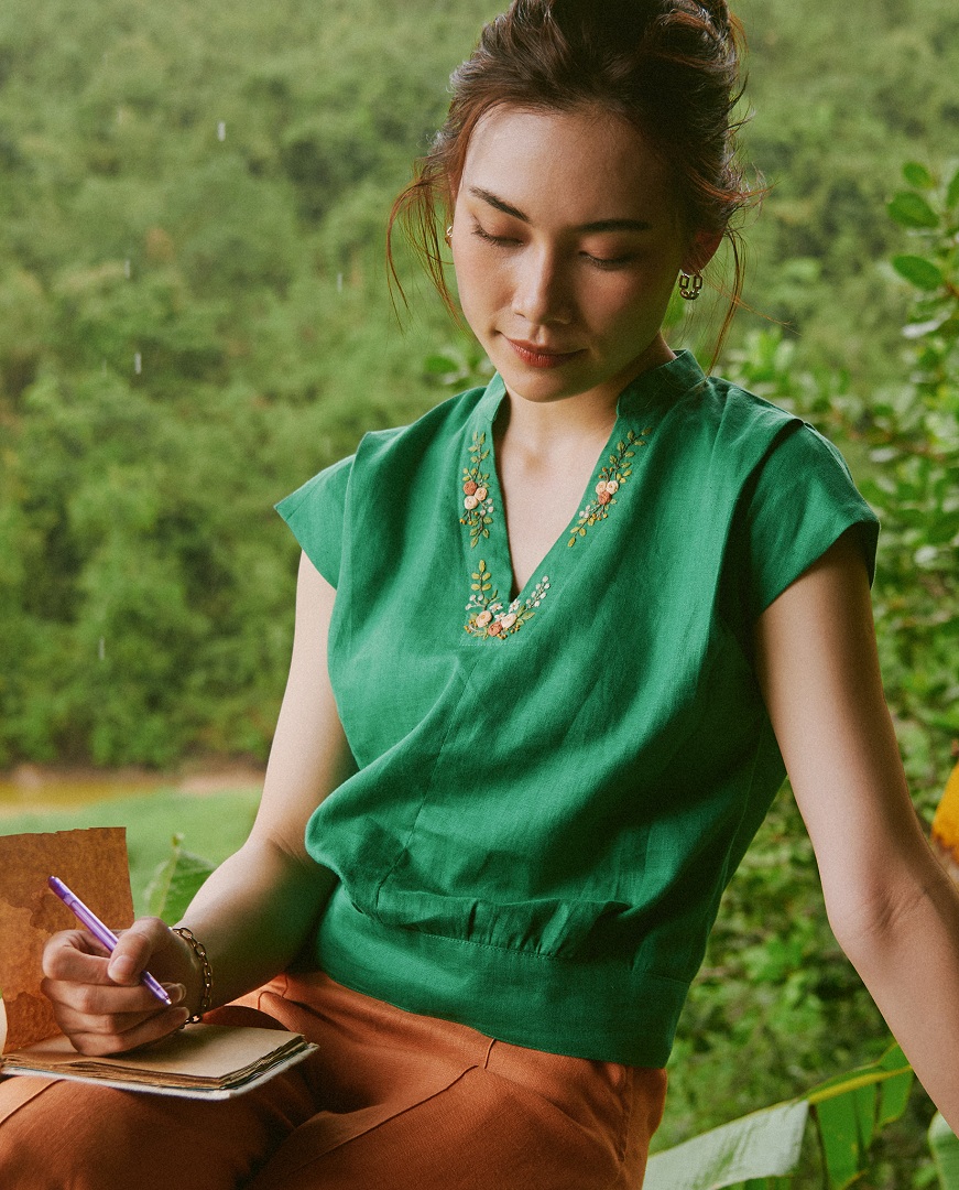 Áo Bo Tay Liền Linen Thêu Tay TOP218 thời trang thiết kế Hity