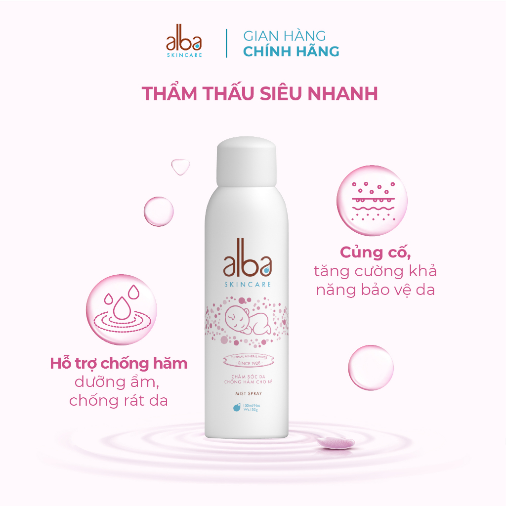 Xịt khoáng trẻ em Alba Skin Care - Chống hăm khô rôm sẩy do bỉm giúp da bé mịn màng - An toàn không gây kích ứng 150ml