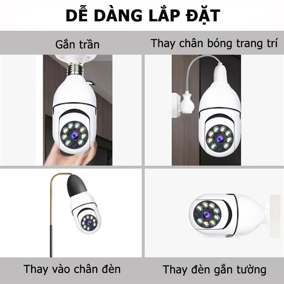 Camera An ninh WiFi Xoay 360° Gắn Đui Bóng Đèn,Tích hợp đèn Led, Đàm Thoại Hai Chiều, Báo Động Chống Trộm, 