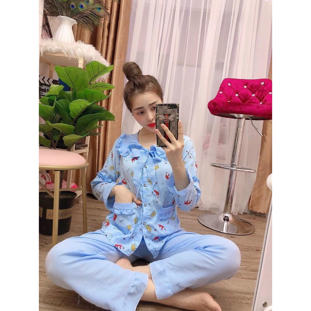 Bộ pijama đũi xốp tiểu thư cổ bèo, quần dài tay dài, 40 đến 59kg
