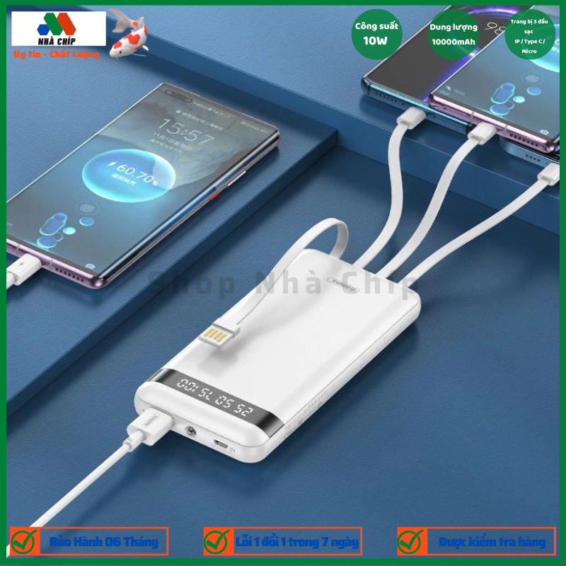 Pin sạc dự phòng kèm 3 cáp đầu ra 1 cáp đầu vào 10000mAh Remax RPP-222 - Hàng chính hãng