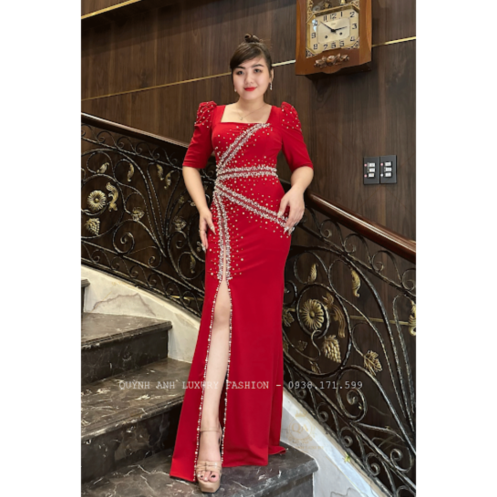 Đầm Dạ Hội Đỏ Ngọc Trai Pha Lê Sang Trọng Cao Cấp Gloria Dress