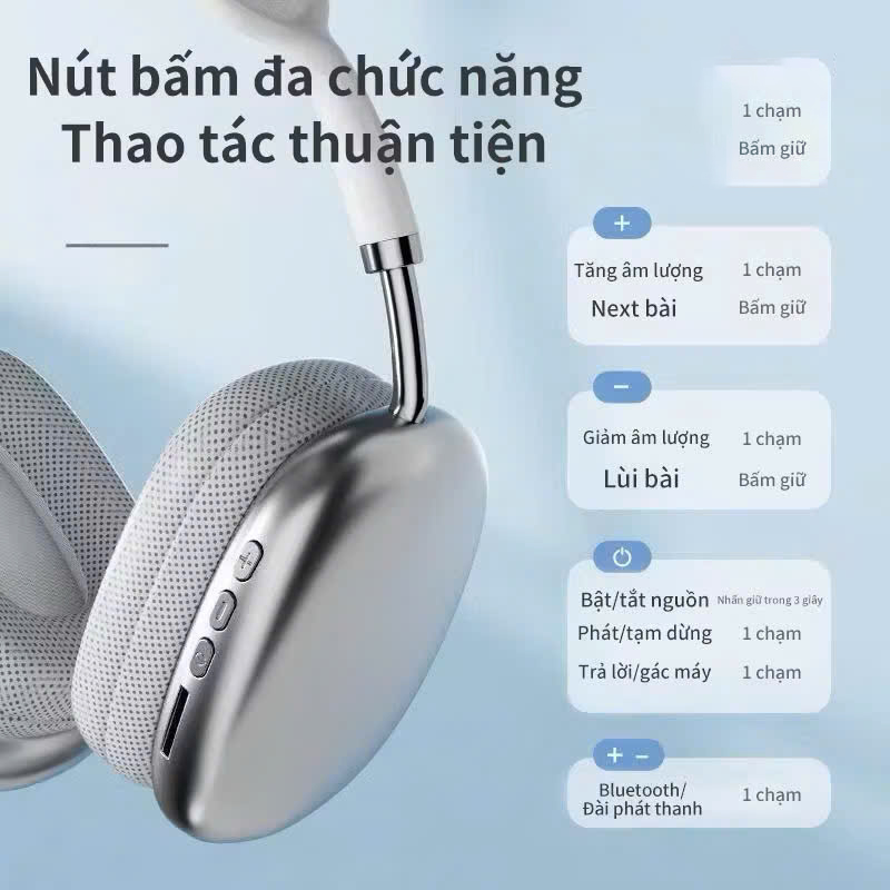 Tai nghe chụp tai Bluetooth không dây Bass siêu mạnh có micro có khe cắm thẻ TF khử tiếng ồn - Hàng chính hãng