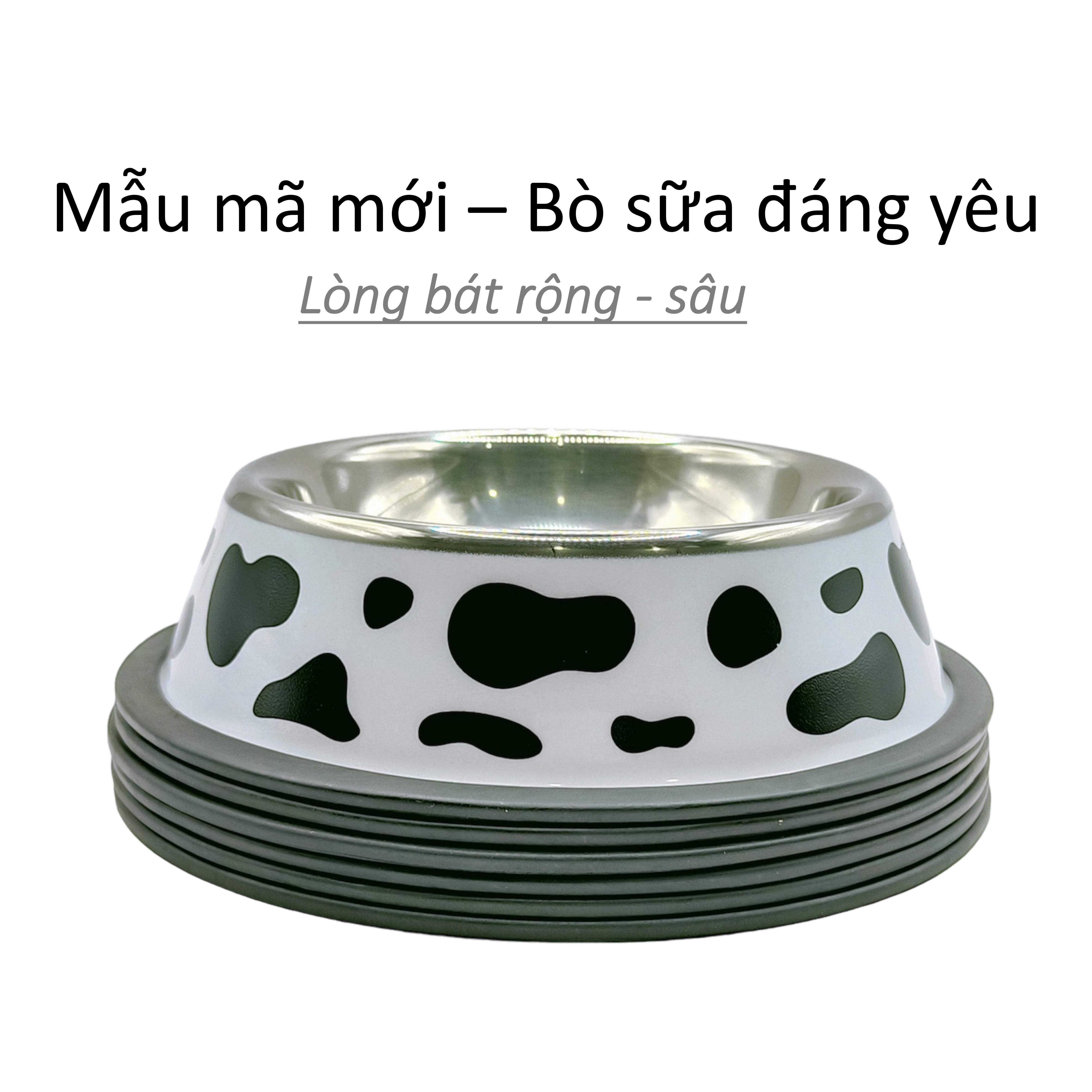 Bát ăn thú cưng, bát ăn chó mèo hình bò sữa, chất liệu inox an toàn sử dụng cho vật nuôi. Bát có 3 kích thước 18cm, 26cm, 34cm. Bát ăn size lớn 34cm