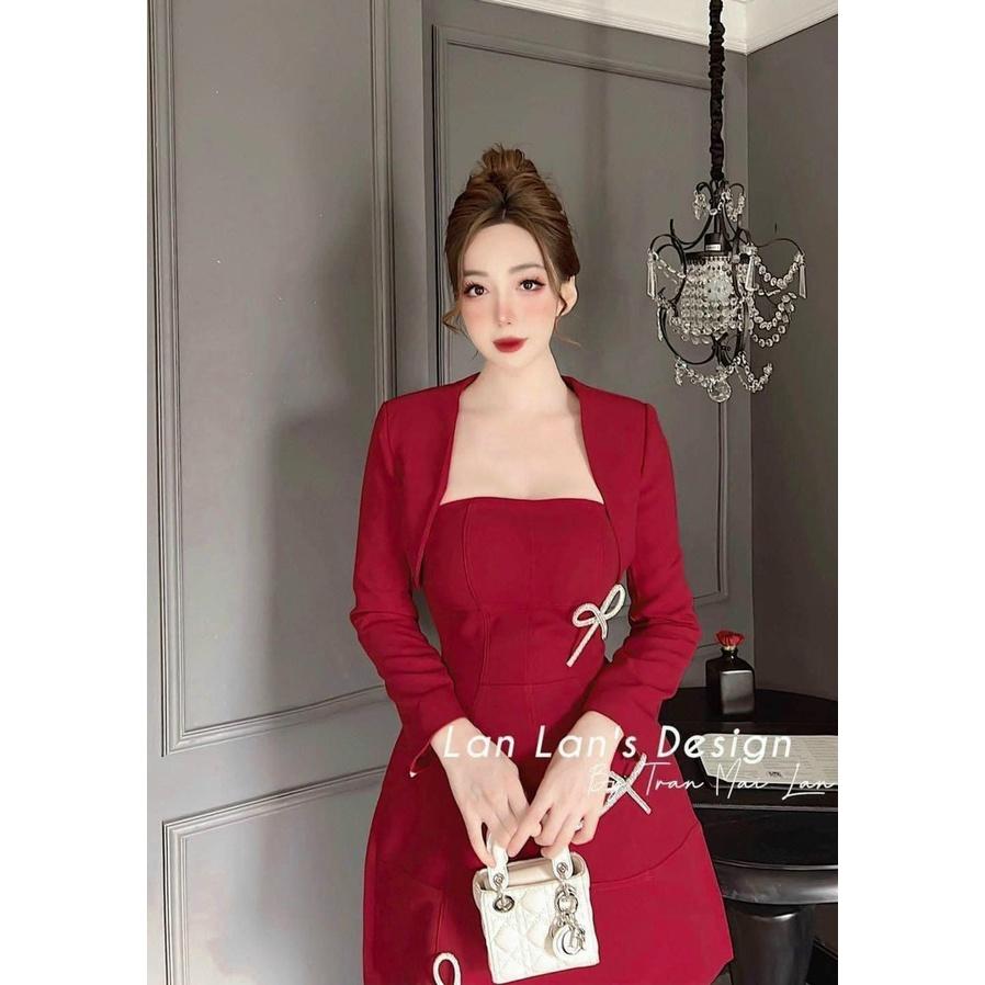 Sét đầm xoè cúp ngực phối phụ kiện kèm áo khoác